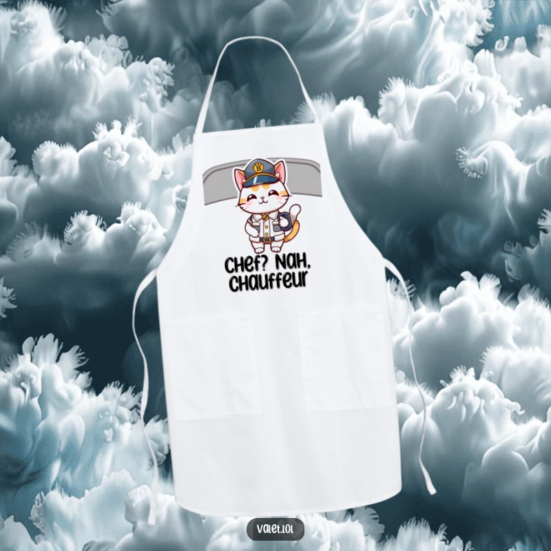 Funny apron illustrated with a happy, uniformed cat holding car keys, perfect for messy kitchens and humorous chefs.