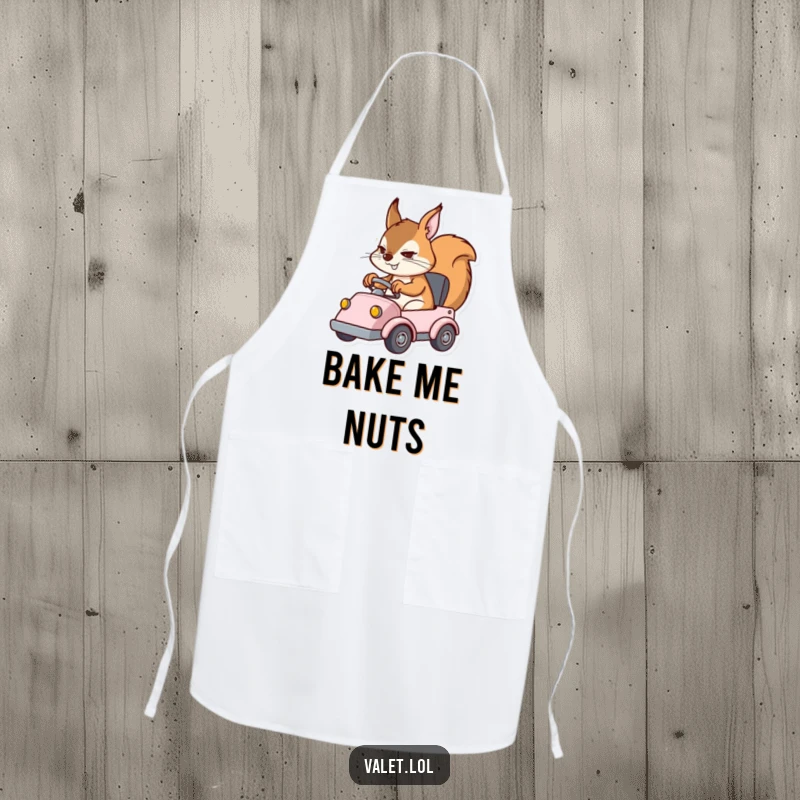 Funny apron with a determined squirrel character expertly operating a small vehicle, perfect for messy kitchens and humor enthusiasts.