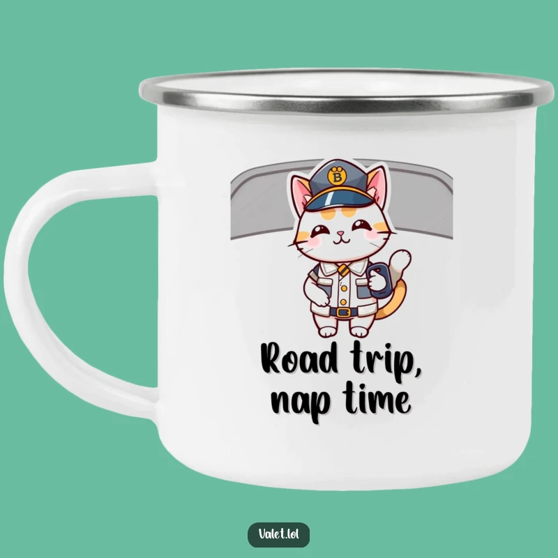 Funny Driving Cat Camping Mug: Enamel Uniformed Feline with Car Key, Perfect Outdoor Humorous Gift!