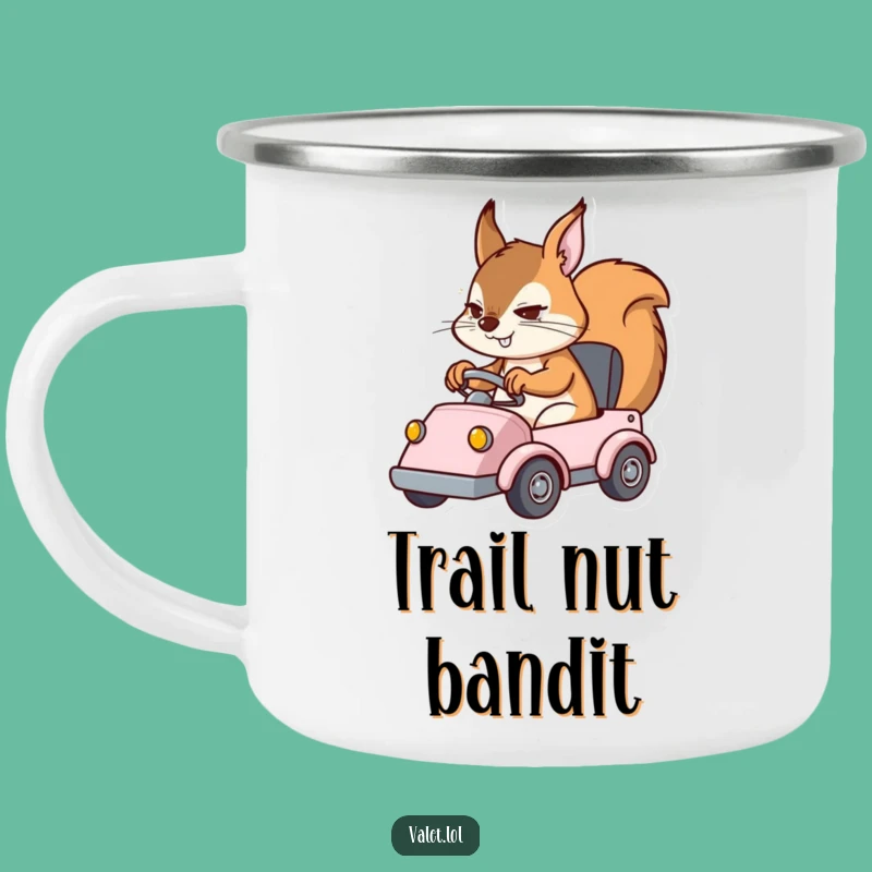 Funny Squirrel Driver Camping Mug: Enamel Determined Rodent Maneuvering Vehicle, Perfect Outdoor Humorous Gift!