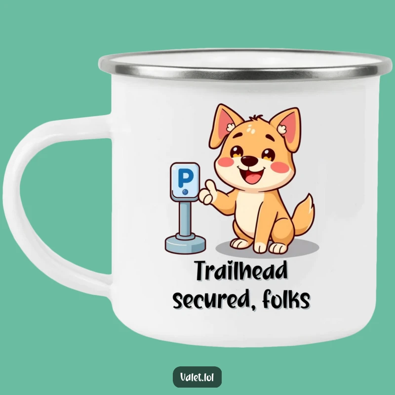 Funny Parking Dog Camping Mug: Enamel Cheerful Canine Guiding to Spots, Perfect Outdoor Humorous Gift!