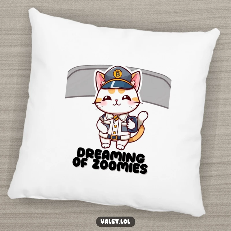 Funny pillow featuring a charming, uniformed cat holding car keys, offering a soft touch of humor and character.