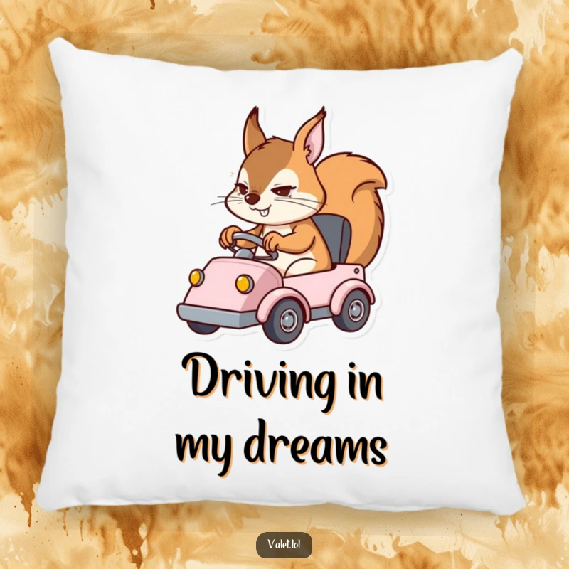 Funny pillow with a determined squirrel character expertly maneuvering a small vehicle, offering comfort and a humorous touch.