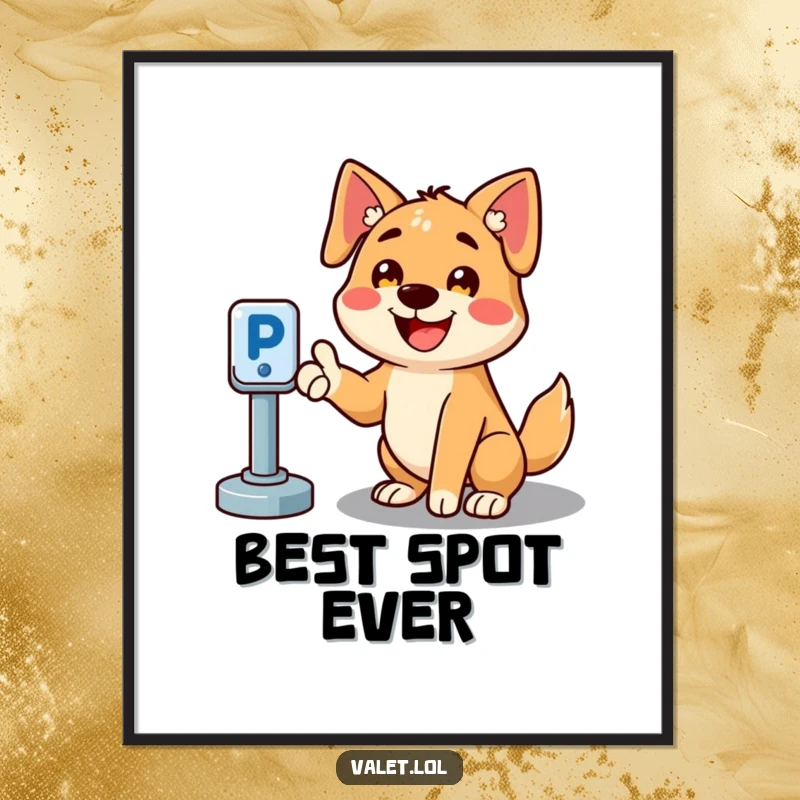 Funny digital art print of a cheerful, smiling dog pointing the way to an available parking spot, a humorous visual guide.