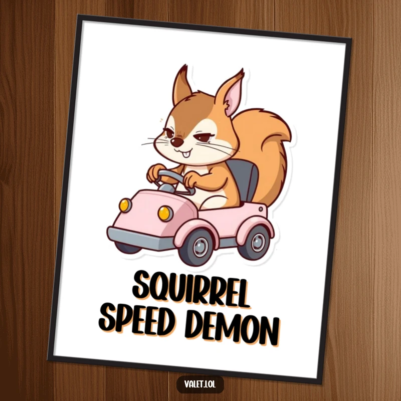 Funny digital art print of a determined squirrel character expertly operating a small vehicle, capturing a moment of skilled navigation.
