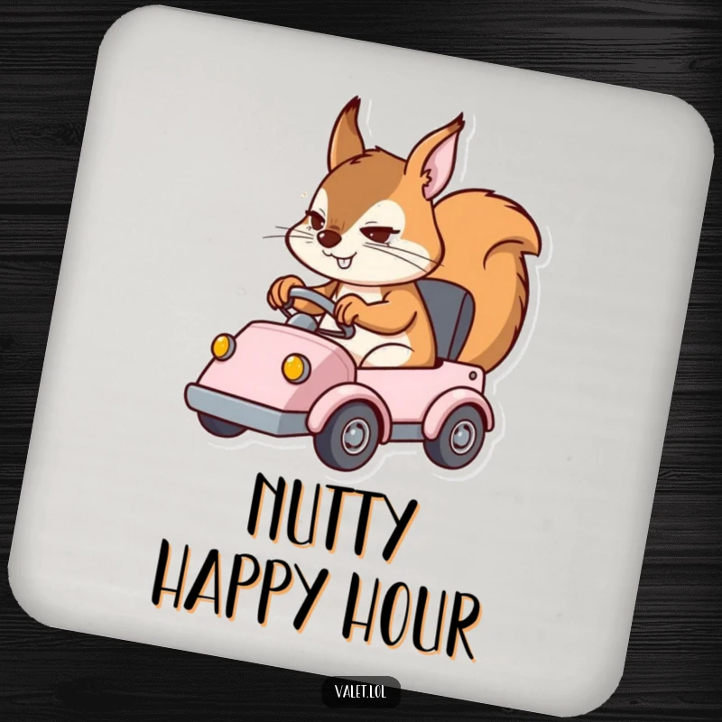 Funny drink coaster featuring a determined squirrel character expertly maneuvering a small vehicle, a practical and humorous accessory.