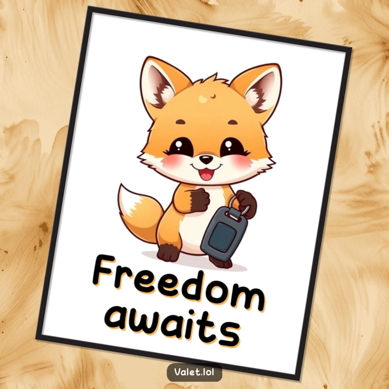 Funny Posters: A happy fox cub is humorously handing over a set of car keys, capturing a moment of pure glee.