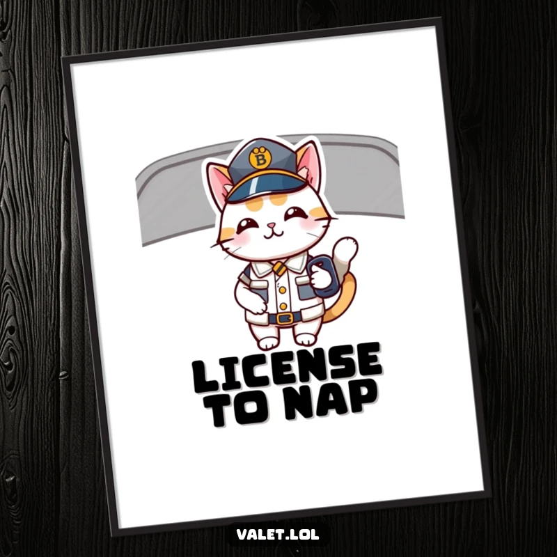 Funny poster art of a happy, uniformed cat holding car keys, exuding readiness and a humorous sense of adventure.