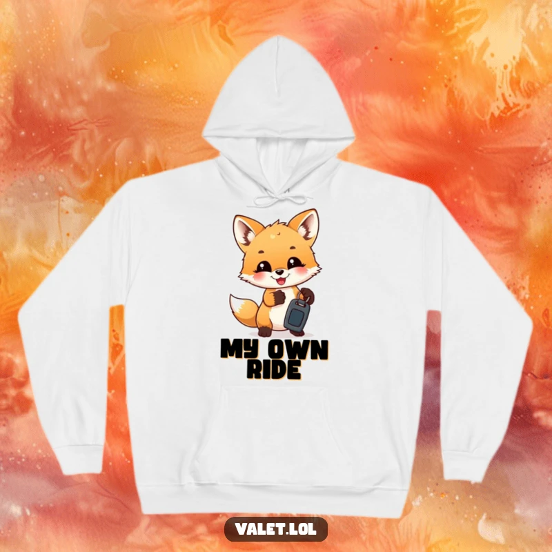 Funny Hoodies: A delighted fox cub is humorously handing over car keys, embodying youthful mischief.