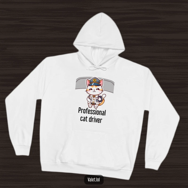 Funny hoodie depicting a happy, uniformed cat holding car keys, ready to embark on a fun, humorous driving escapade.