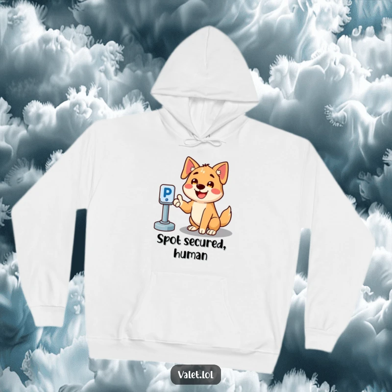 Funny hoodie with a cheerful dog character, smiling and indicating an empty parking spot, offering warmth and humor.