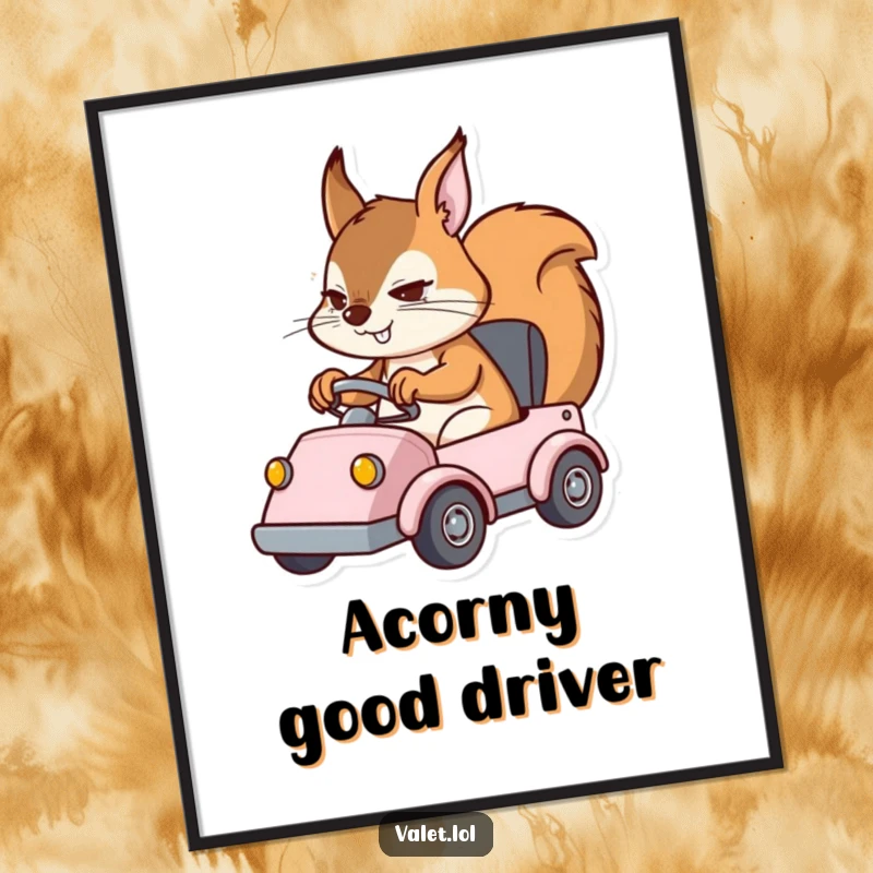 Funny Free Printable Wall Art of a determined squirrel character driving a small vehicle with intense focus and skill.