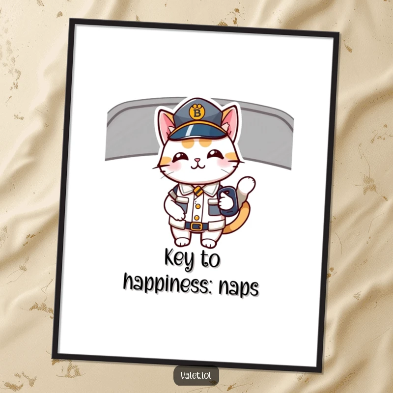 Funny Free Printable Wall Art of a cat in a tiny uniform holding car keys, looking ready to give directions.