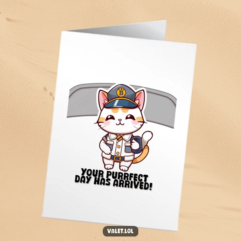 Funny Free Printable Birthday Card showing a cat in a tiny uniform holding car keys, ready to hit the road.
