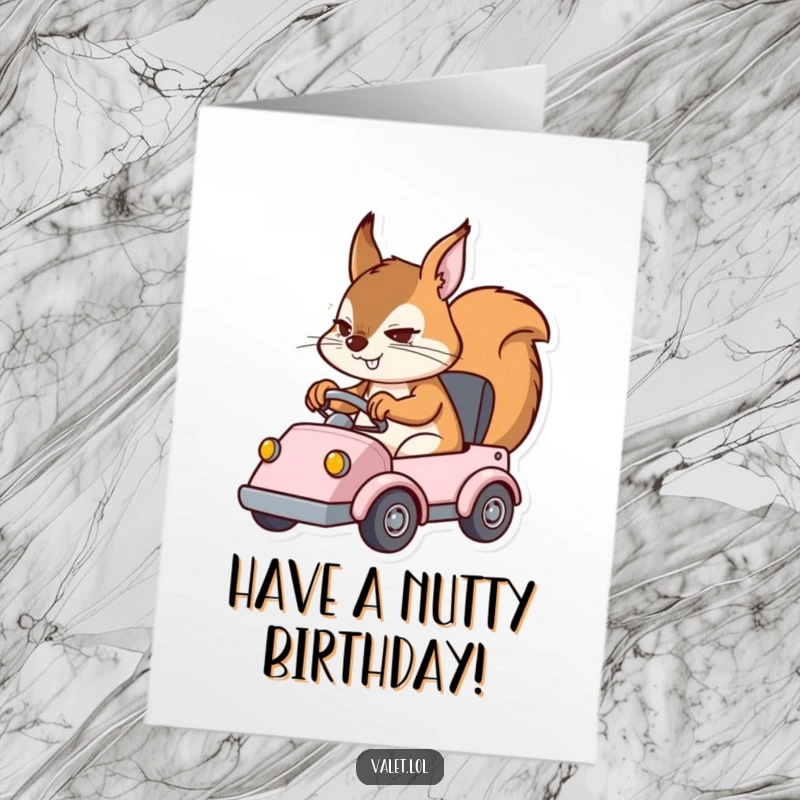 Funny Free Printable Birthday Card featuring a determined squirrel character expertly maneuvering a small, fast-moving vehicle.