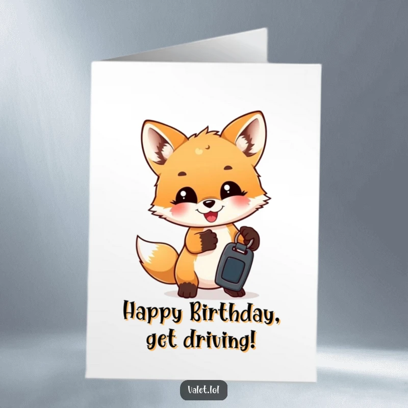 Funny Free Printable Birthday Card: A gleeful fox cub holds up a set of car keys, ready to celebrate your special day.