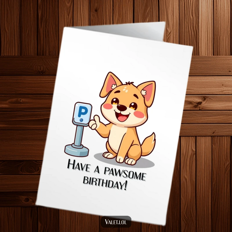 Funny Free Printable Birthday Card featuring a cheerful dog with a bright smile, happily gesturing towards an empty parking spot.