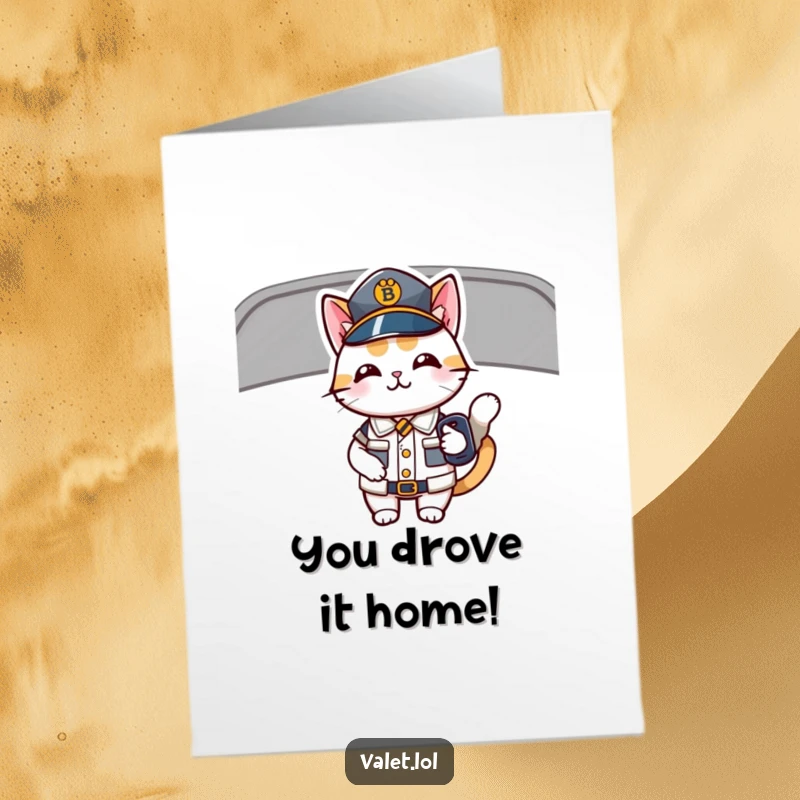 Funny Free Printable Congratulations Card featuring a cat in a uniform holding car keys for a humorous celebratory message.