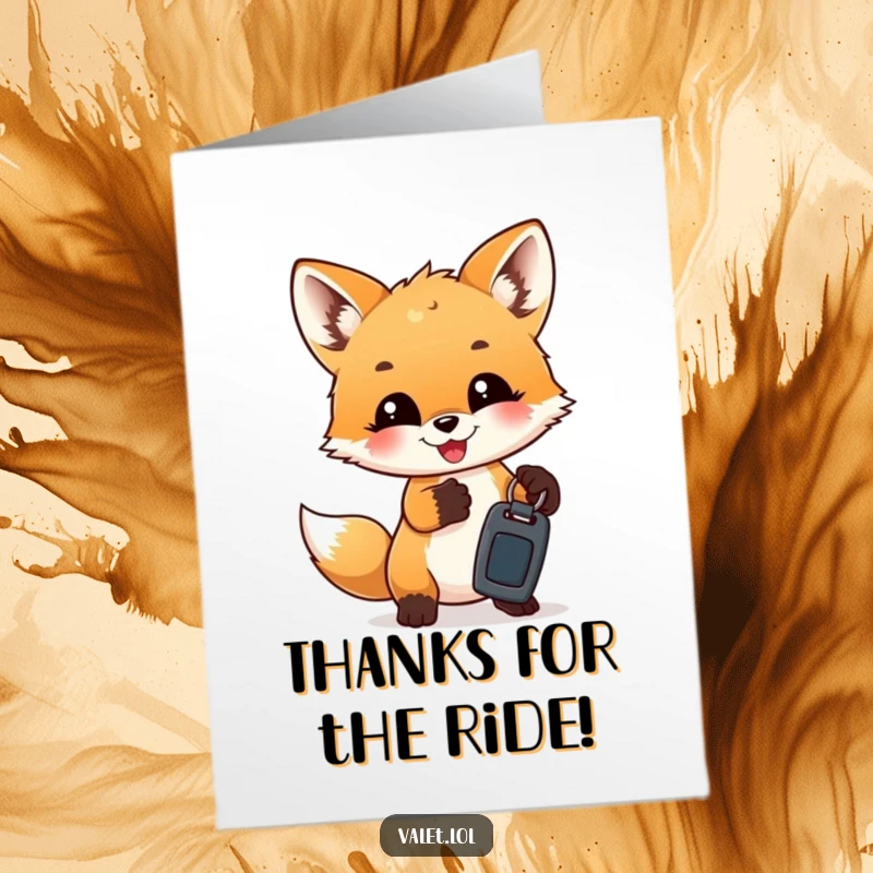 Funny Free Printable Thank You Card: A cute fox cub holds out car keys, a humorous thank you for a helpful gesture.