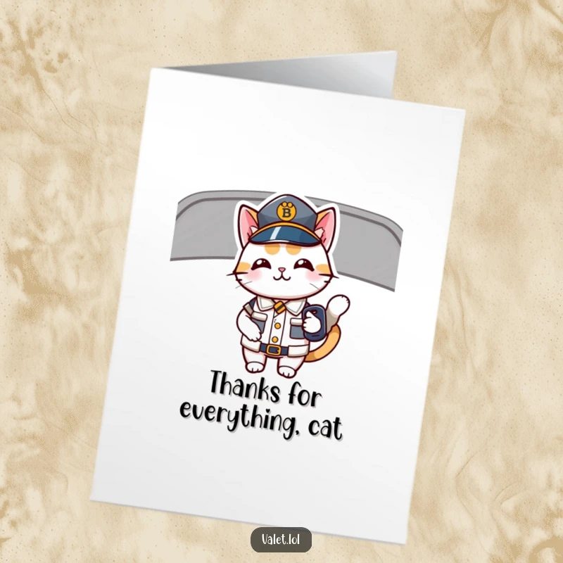 Funny Free Printable Thank You Card showing a cat in uniform holding car keys, offering a humorous expression of gratitude.