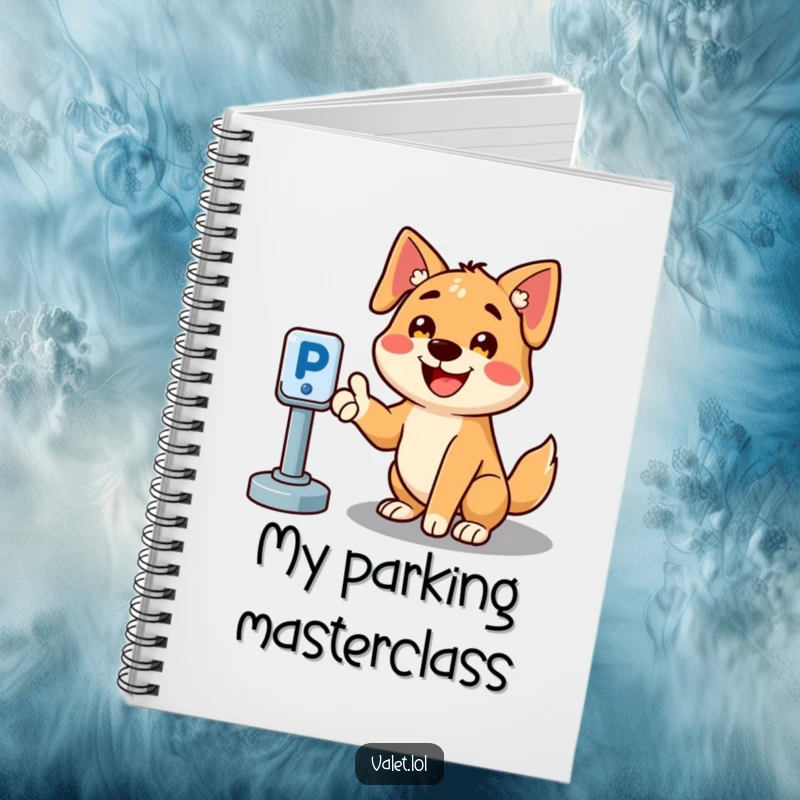 Funny notebook with a cheerful dog character smiling and gesturing towards a parking spot, ideal for note-taking with humor.