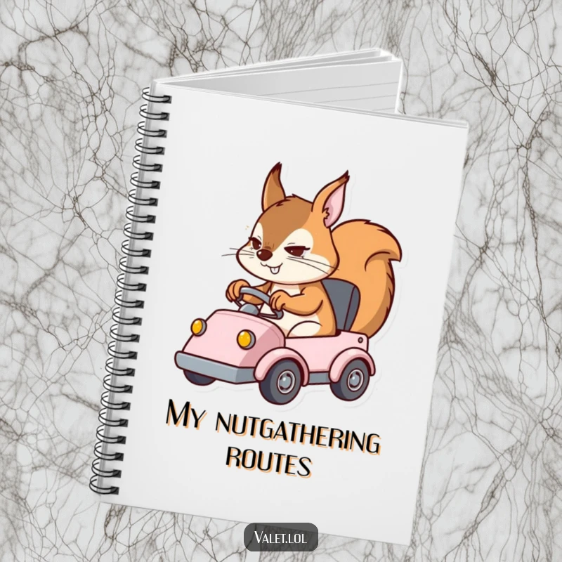 Funny notebook with a determined squirrel character expertly maneuvering a small vehicle, ideal for jotting down ideas with focus.