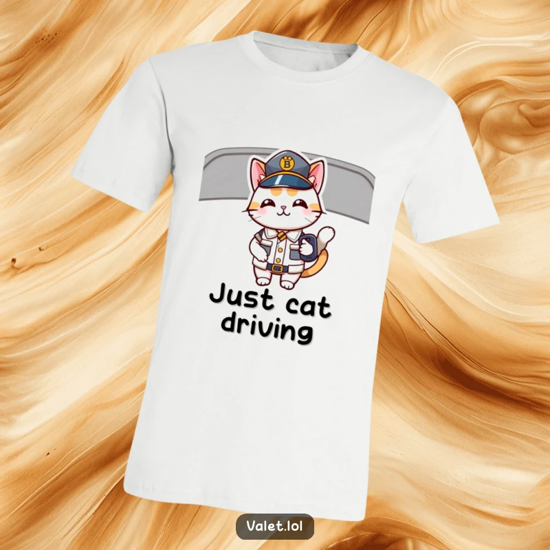 Funny t-shirt with a detailed illustration of a happy cat wearing a tiny uniform and holding car keys, perfect for driving fans.