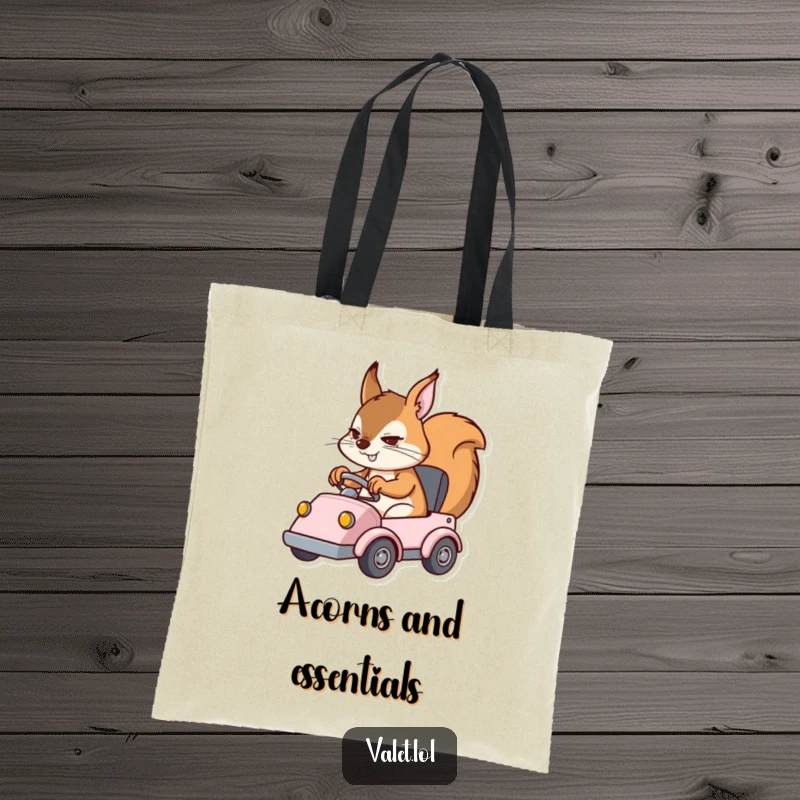 Funny tote bag with a determined squirrel character expertly maneuvering a small vehicle, a practical and humorous accessory.