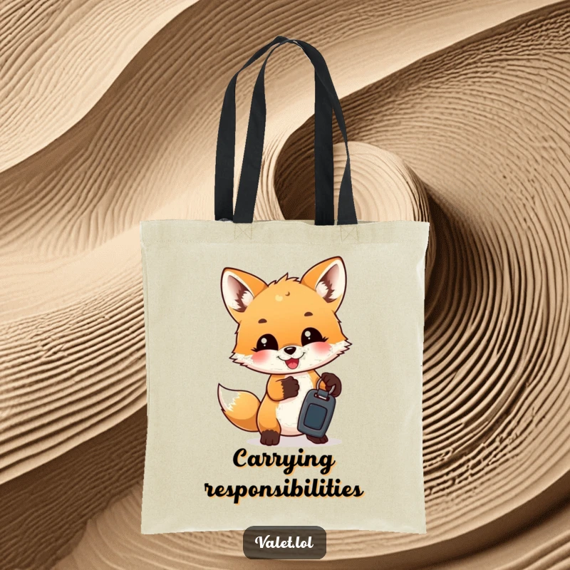 Funny Tote Bags: A cute fox cub gleefully offers up car keys, a funny and practical accessory.