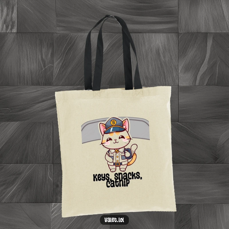 Funny tote bag featuring a happy, uniformed cat holding car keys, designed for cat enthusiasts and humor lovers.